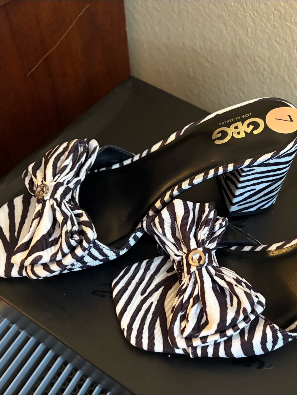 G by Guess Zebra Bow Slide Heels in Black and White